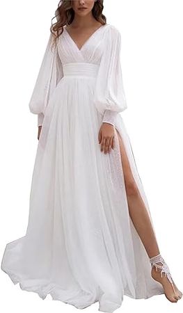 Amazon.com: Absyore Boho Chiffon Illusion Back Long Sleeve Wedding Dress Simple V-Neck Appliques Bridal Gown : Clothing, Shoes & Jewelry