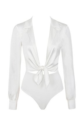 Clothing : Bodysuits : 'Ornella' White Silky Shirt Bodysuit