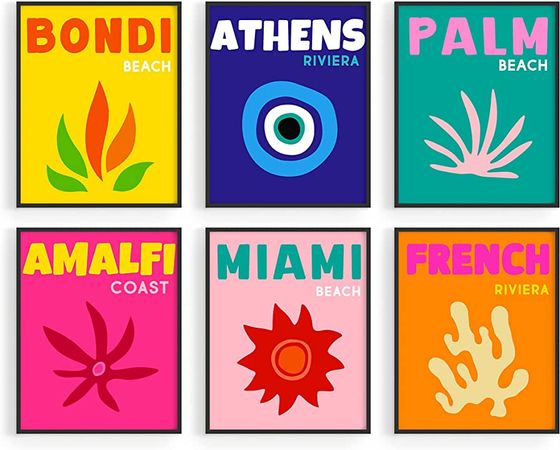 Amazon.com: HAUS AND HUES Travel Posters - Set of 6 Aesthetic Preppy Posters for Bedroom, Destination Poster, Trendy Travel Wall Art, Colorful Wall Prints, Artwork Travel, Vintage City Posters (Unframed, 8x10): Posters & Prints
