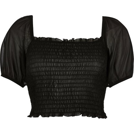 Black shirred mesh sleeve fitted top - Blouses - Tops - women