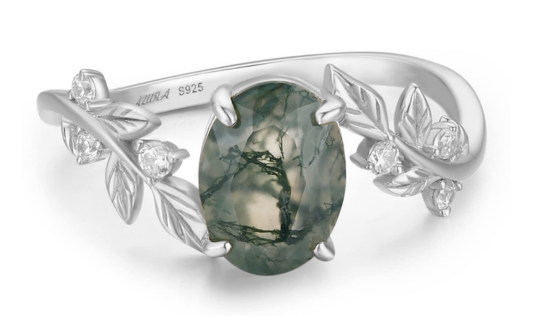 silver vine shaped ring with green agate