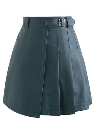 Belt Detail Faux Leather Pleated Mini Skirt in Teal - Retro, Indie and Unique Fashion