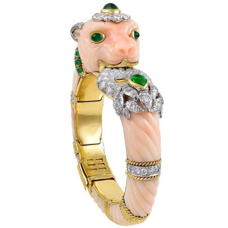 David Webb Coral Emerald Diamond Bangle Bracelet For Sale at 1stdibs