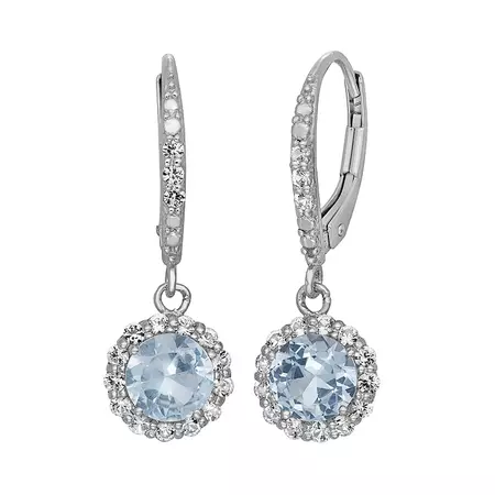 Lab-Created Aquamarine and Lab-Created White Sapphire Sterling Silver Halo Drop Earrings