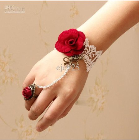 White Lace & Red Rose Flower Bracelet & Ring