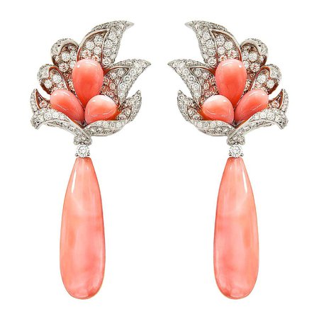 Valentin Magro Coral and Diamond Windblown Flower Drop Earrings For Sale at 1stDibs