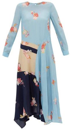 Selena Contrast Panel Floral Print Dress - Womens - Blue Multi