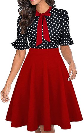 Womens Black Polka Dot Red Bow Tie Neck Fit and Flare Work Dresses at Amazon Women’s Clothing store