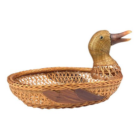 Vintage Rattan Figurine Duck Basket | Chairish