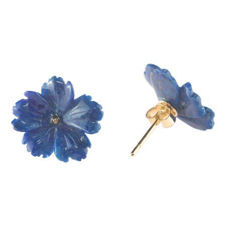 Lapis Lazuli Flower Handmade 18 Karat Gold Italian Carved Stud Blue Earrings For Sale at 1stDibs