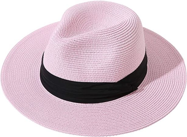 Lanzom Women Wide Brim Straw Panama Roll up Hat Fedora Beach Sun Hat UPF50+ (B-Khaki) at Amazon Women’s Clothing store