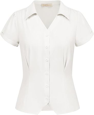 Belle Poque Women Short Sleeve Button Down Shirts Vintage Shirts Business Casual Dressy Blouse Tops at Amazon Women’s Clothing store