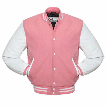 PINK Wool Varsity Letterman BOMBER BASEBALL Jacket - WHITE Leather Sleeves