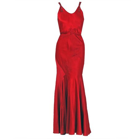 1930's Seductive Bias-Cut Red Rhinestone Satin Hourglass Gown at 1stdibs