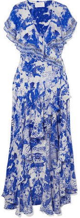 Embellished Printed Silk Crepe De Chine Wrap Maxi Dress - Blue