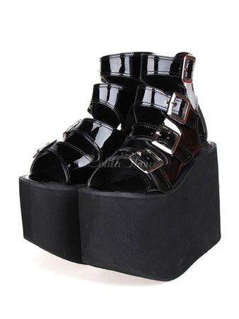 Gothic Lolita Sandal Metallic Buckle Platform PU Black Lolita Footwear - Lolitashow.com