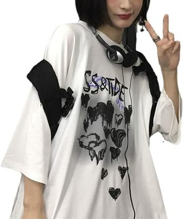 Women Goth Oversized Punk T-Shirt Loose Harajuku Style Tops Plus Size High Street Top at Amazon Women’s Clothing store