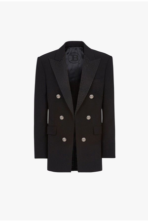 Black Crepe Blazer With Double Breasted Silver Tone Buttoned Fastening And Balmain Monogram Collar