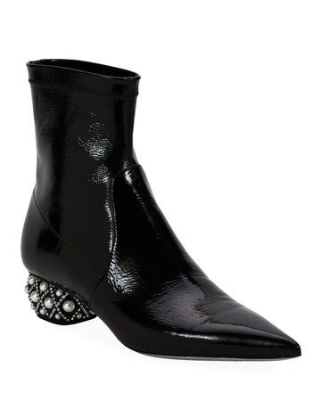 Rene Caovilla Patent Leather Booties with Pearly Heel | Neiman Marcus