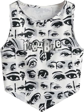 WDIRARA Women's Letter Print Tee Sleeveless Shirt Scoop Neck Crop Tank Top Black and White S at Amazon Women’s Clothing store