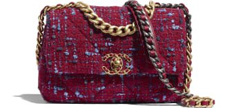 CHANEL 19 Flap Bag, tweed, gold-tone, silver-tone & ruthenium-finish metal, navy blue, white & red - CHANEL