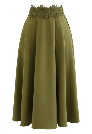 Lacy Waist Pleated Flare Midi Skirt in Moss Green - Retro, Indie and Unique Fashion