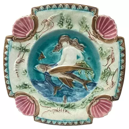 19th Century Square Majolica Mermaid Wall Plate For Sale at 1stDibs