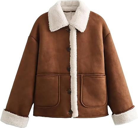 Antinson Womens Faux Suede Sherpa Lined Jacket Reversible Winter Warm Button Down Fuzzy Shearling Coats at Amazon Women's Coats Shop