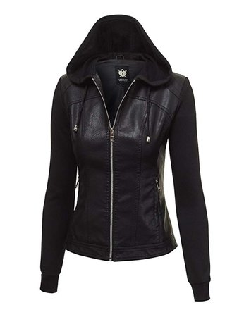 Lock and Love LL WJC1347 Womens Faux Leather Zip Up Moto Biker Jacket with Hoodie XXL Black_Black at Amazon Women's Coats Shop