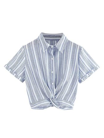 WDIRARA Women's Striped Fluted Sleeve Knot Front Casual Crop Shirt Top Blouse at Amazon Women’s Clothing store: