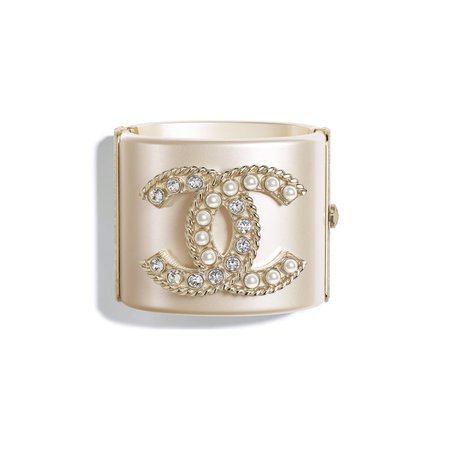 Resin, Glass Pearls, Strass & Metal Gold, Pearly White & Crystal Cuff | CHANEL