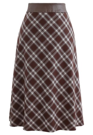 Faux Leather Waist Plaid Pencil Skirt in Brown - Retro, Indie and Unique Fashion
