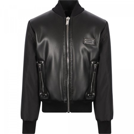 Les Hommes Leather Imitation Logo Bomber Jacket in Black — BAMBINIFASHION.COM