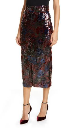 Woodcut Sequin Midi Pencil Skirt