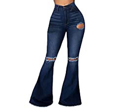 SeNight Women Bell Bottom Jeans Elastic Waist Ripped Flared Jean Destroyed Raw Hem Denim Pants (X-Large, 1ABlue) at Amazon Women's Jeans store