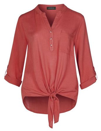 Casual Button Down Blouse Top With Front Self Tie And 3/4 Roll Up Slee | LE3NO red