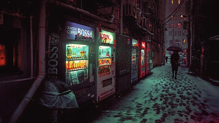 Japan,night vending machine snow