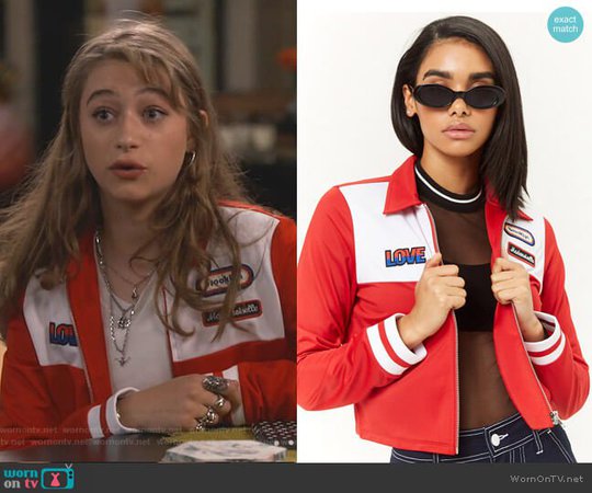 WornOnTV: Shannon’s red track jacket with patches on Fam | Odessa Adlon | Clothes and Wardrobe from TV