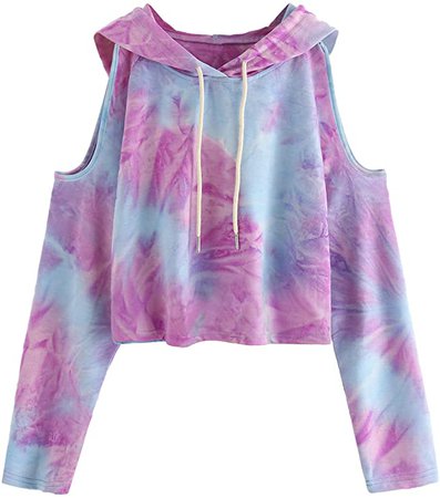 SweatyRocks Women's Cold Shoulder Tie Dye Pullover Hoodie Crop Top Sweatshirt