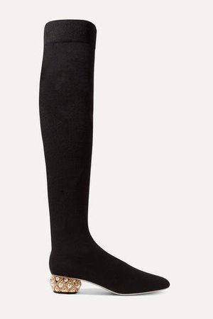 Grace Embellished Cashmere Over-the-knee Boots - Black