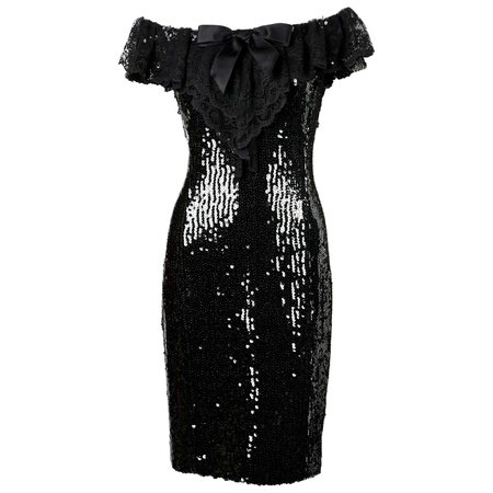 1994 CHANEL black sequined dress with chantilly lace collar and satin bow For Sale at 1stDibs