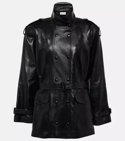High Neck Belted Leather Jacket in Black - Saint Laurent | Mytheresa