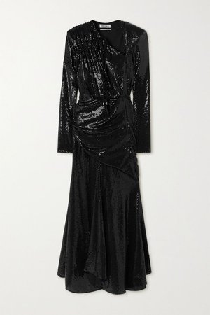 Black Asymmetric ruched sequined stretch-jersey maxi dress | The Attico | NET-A-PORTER
