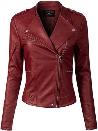 Design by Olivia Women's Long Sleeve Zipper Closure Moto Biker Faux Leather Jacket Red L at Amazon Women's Coats Shop