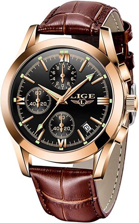 Amazon.com: LIGE Mens Watches Leather Fashion Dress Wristwatch Analog Quartz Watch Men Date Business Dress Watch Gents Waterproof Sport Casual Watch Clock Gold : Clothing, Shoes & Jewelry