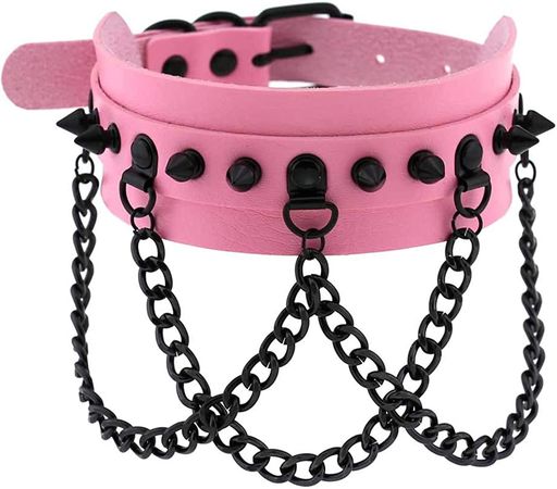 Amazon.com: FM FM42 Unisex Pink Simulated Leather PU Black-tone Rivets Spike Spiked 3 Layer Chains Choker Collar Necklace: Clothing, Shoes & Jewelry