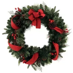 30" Christmas Unlit Red Amaryllis Pinecones Red Berries Plaid Bow Artificial Pine Wreath - Wondershop : Target