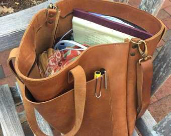 Ready to ship Camel Leather tote bag with large outside