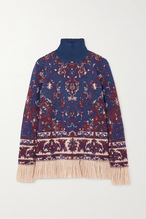 Purple Fringed intarsia alpaca, cotton and wool-blend turtleneck sweater | Paco Rabanne | NET-A-PORTER