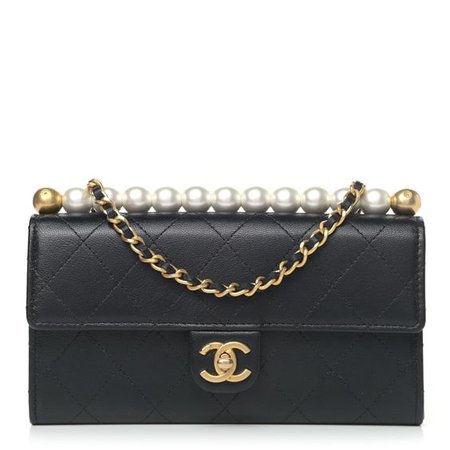 CHANEL Goatskin Quilted Chic Pearls Clutch With Chain Black